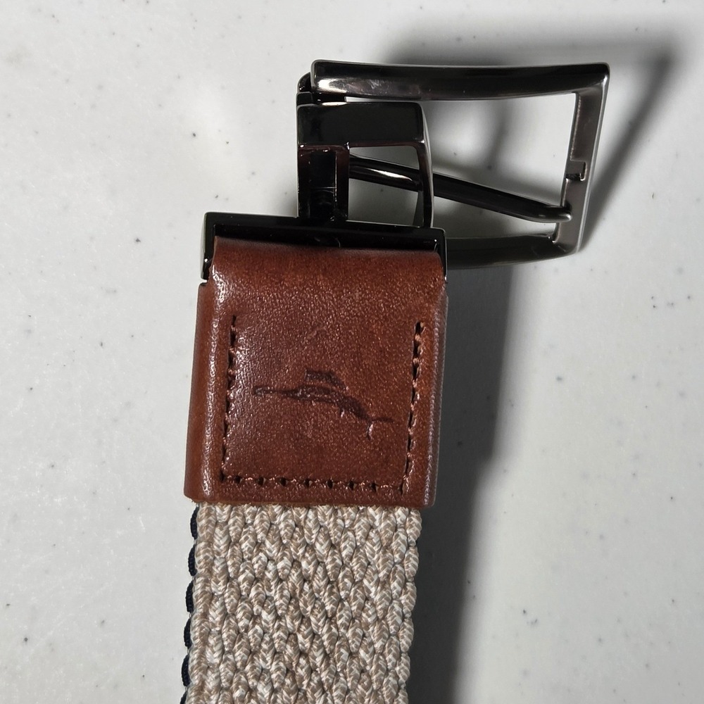 Tommy Bahama Mens Reversible Braided Belt Tan Navy Blue Leather Trim L/XL - Picture 11 of 12